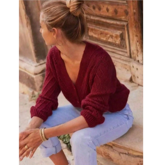 V-Cut Buttoned Down Burgundy Knit Cardigan Textured, Long Sleeve - Picture 4 of 6